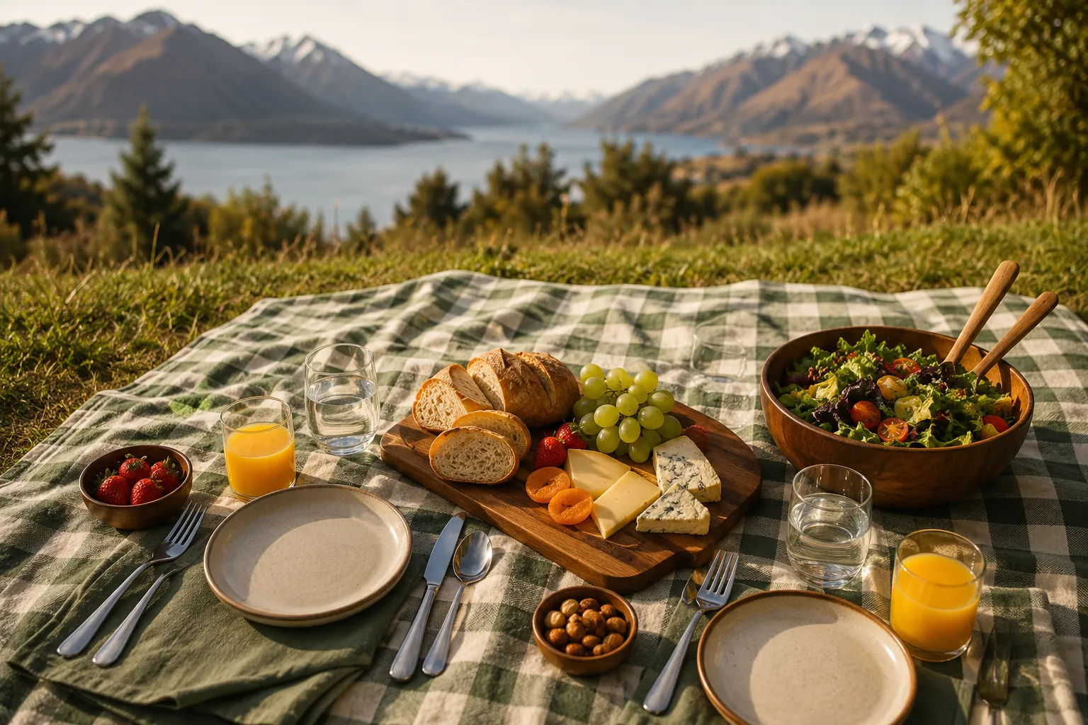 An outdoor picnic spread on a checkered blanket with mountains and a lake beyond